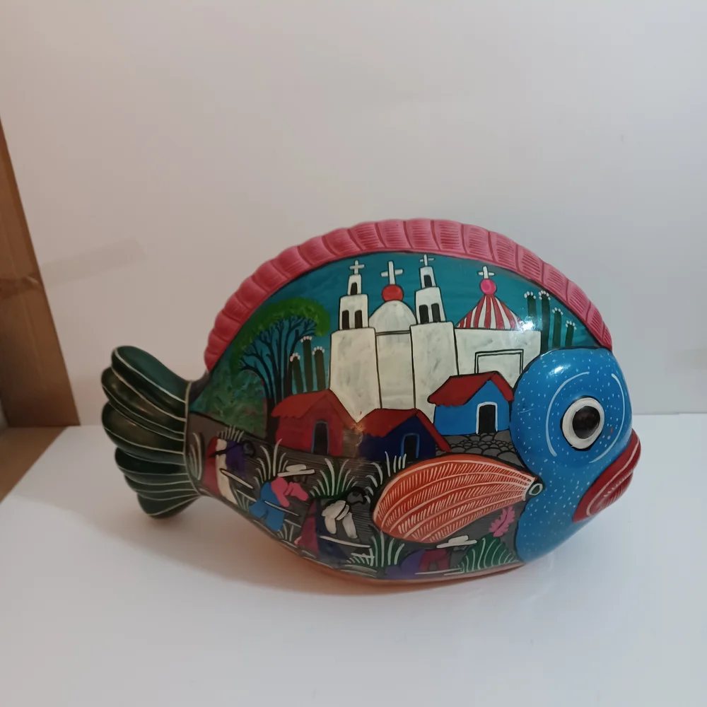 Handpainted Terracotta Mexican Folk Art Large Fish 15X9.5